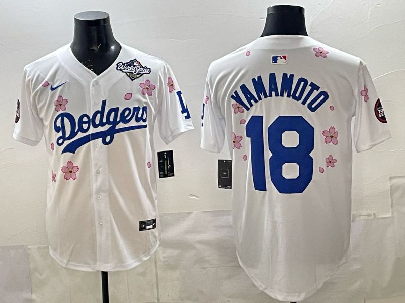 Men 2025 Los Angeles Dodgers #18 Yamamoto White Sakura Edition Nike MLB Jersey style 0010->youth mlb jersey->Youth Jersey